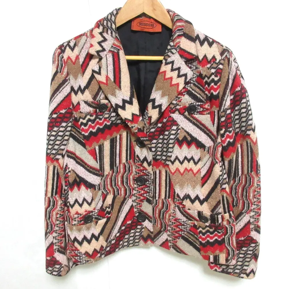 MISSONI ミッソーニ シェブロンストライプ 総柄 ウール テーラードジャケット 大きいサイズ 48 ベージュ×レッド