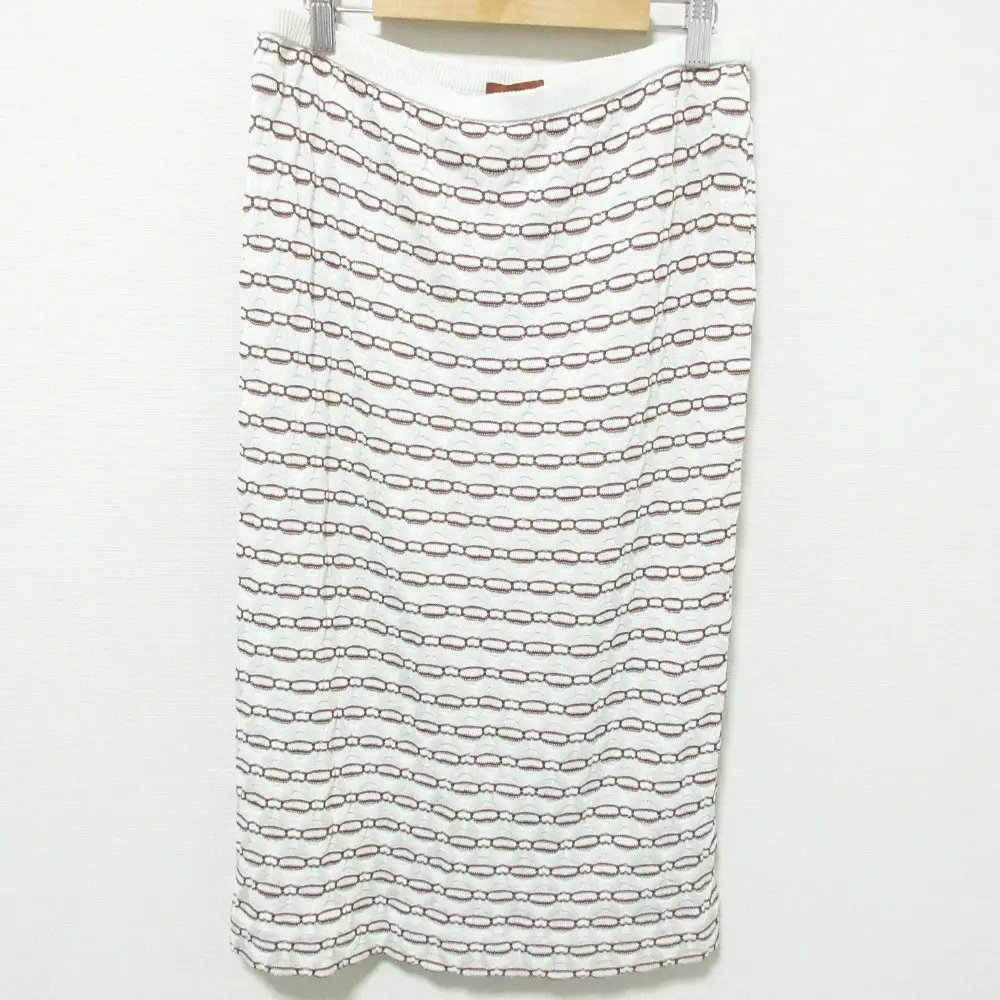 クリーニング済 Missoni ミッソーニ ジャガード ひざ丈 ミディ丈 イージー ニットスカート 大きいサイズ 46 ホワイト×ブラウン