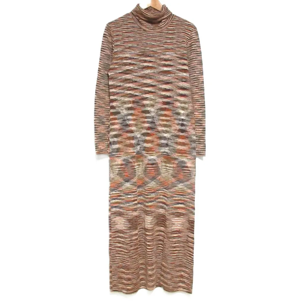 MISSONI ミッソーニ ヴィンテージ ネイティブ ボーダー柄 ハイネック マキシ丈 ロング 長袖 ニットワンピース 44 オレンジ系