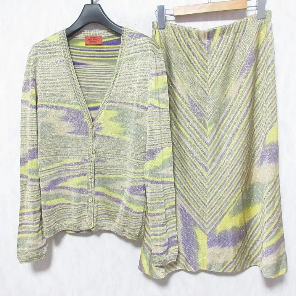 MISSONI ミッソーニ ボーダー シェブロンモチーフ レーヨンニット Vネックカーディガン＋ひざ丈スカート セットアップ 42 イエロー系