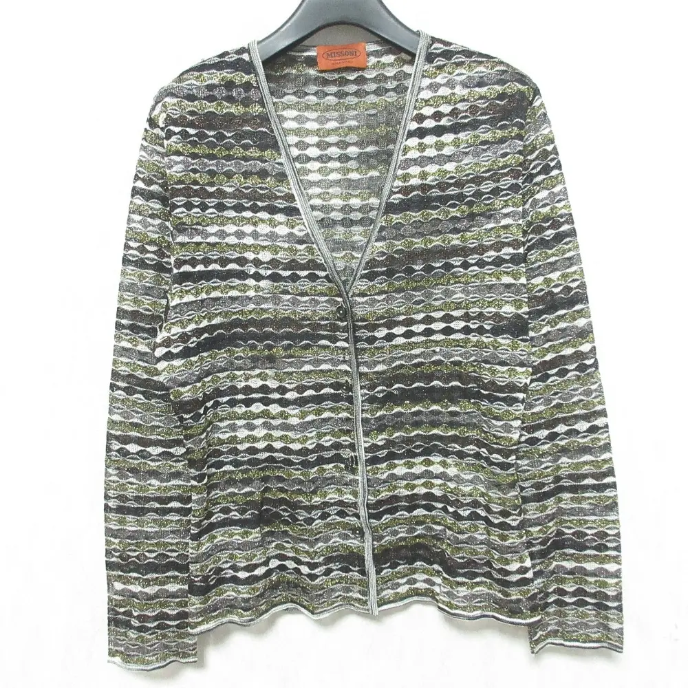 MISSONI ミッソーニ 3Dボーダー ロングスリーブ Vネック ニットカーディガン 46 ブラック系 マルチカラー