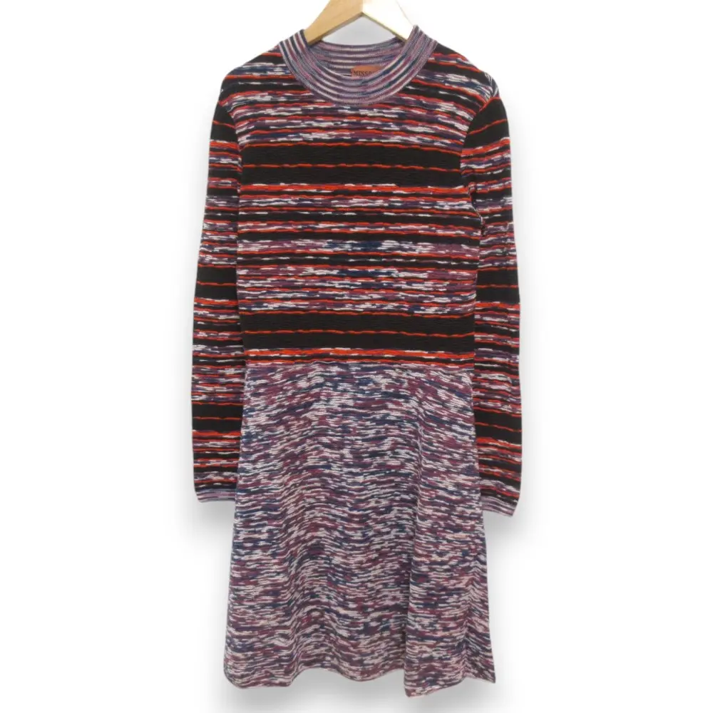 MISSONI ミッソーニ クリーニング済み マルチボーダー 長袖 ひざ丈 ニットワンピース サイズ44 パープル系 マルチカラー