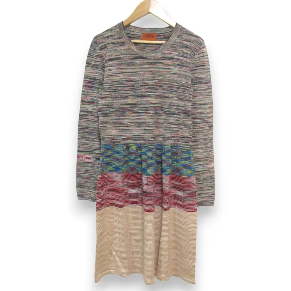 MISSONI ミッソーニ クリーニング済み ウール100％ マルチボーダー 切替 長袖 ひざ丈 ニットワンピース サイズ42 マルチカラー