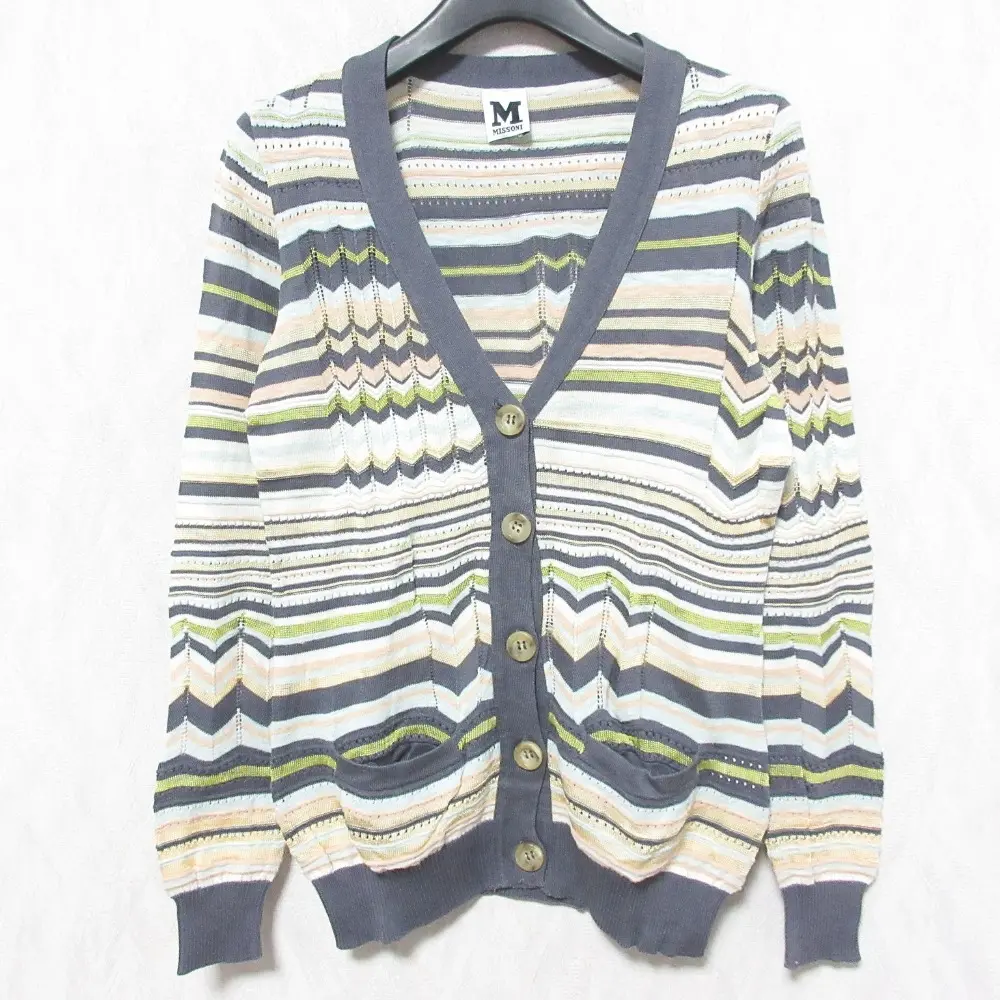 M MISSONI エムミッソーニ シェブロン ボーダー柄 長袖 Vネック ニット カーディガン 38 グレー系 マルチカラー