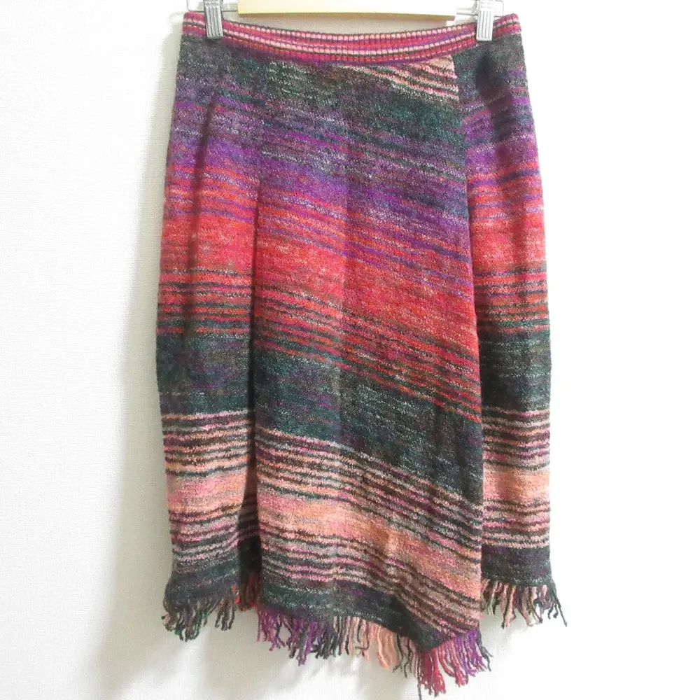 MISSONI ミッソーニ モヘヤブレンド ボーダー柄 フリンジヘム ひざ丈 タイト ニットスカート サイズ42 マルチカラー