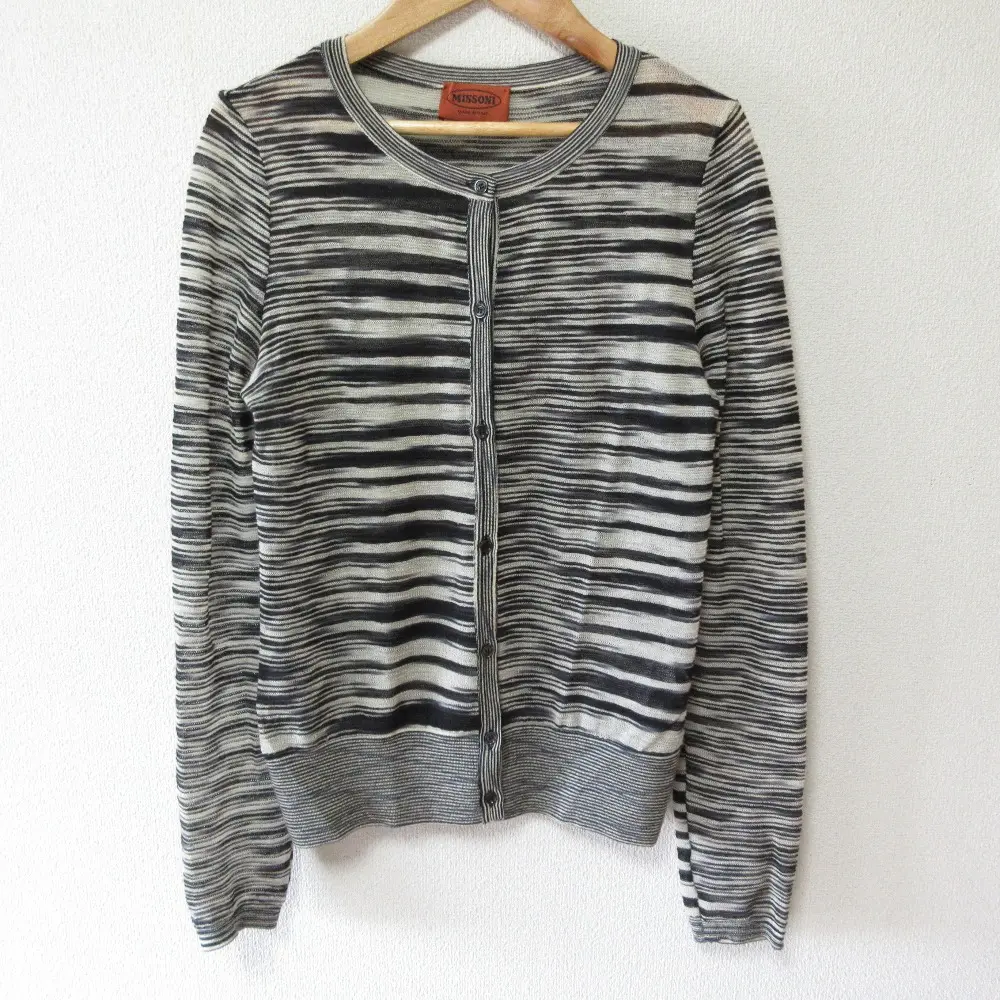 MISSONI ミッソーニ ボーダー柄 総柄 長袖 クルーネック ニット カーディガン 42 ブラック×ホワイト