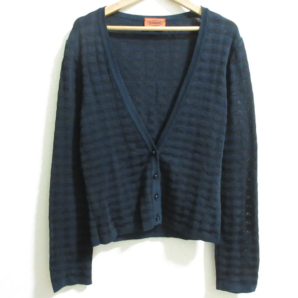 MISSONI ミッソーニ ボーダー柄 長袖 Vネック ニットカーディガン サイズ42 ブラック×ネイビー
