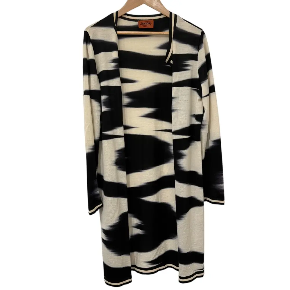MISSONI ミッソーニ 総柄 オープンフロント ニット ロングカーディガン 42 ブラック×ベージュ