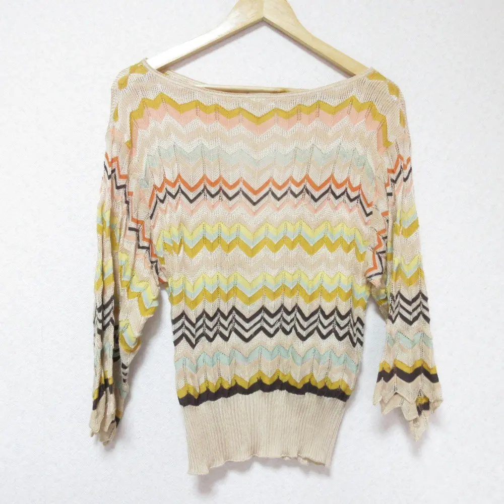 MISSONI ミッソーニ シェブロン ジグザグ バックオープン ボートネック ニット カットソー セーター 38 ベージュ系 マルチカラー