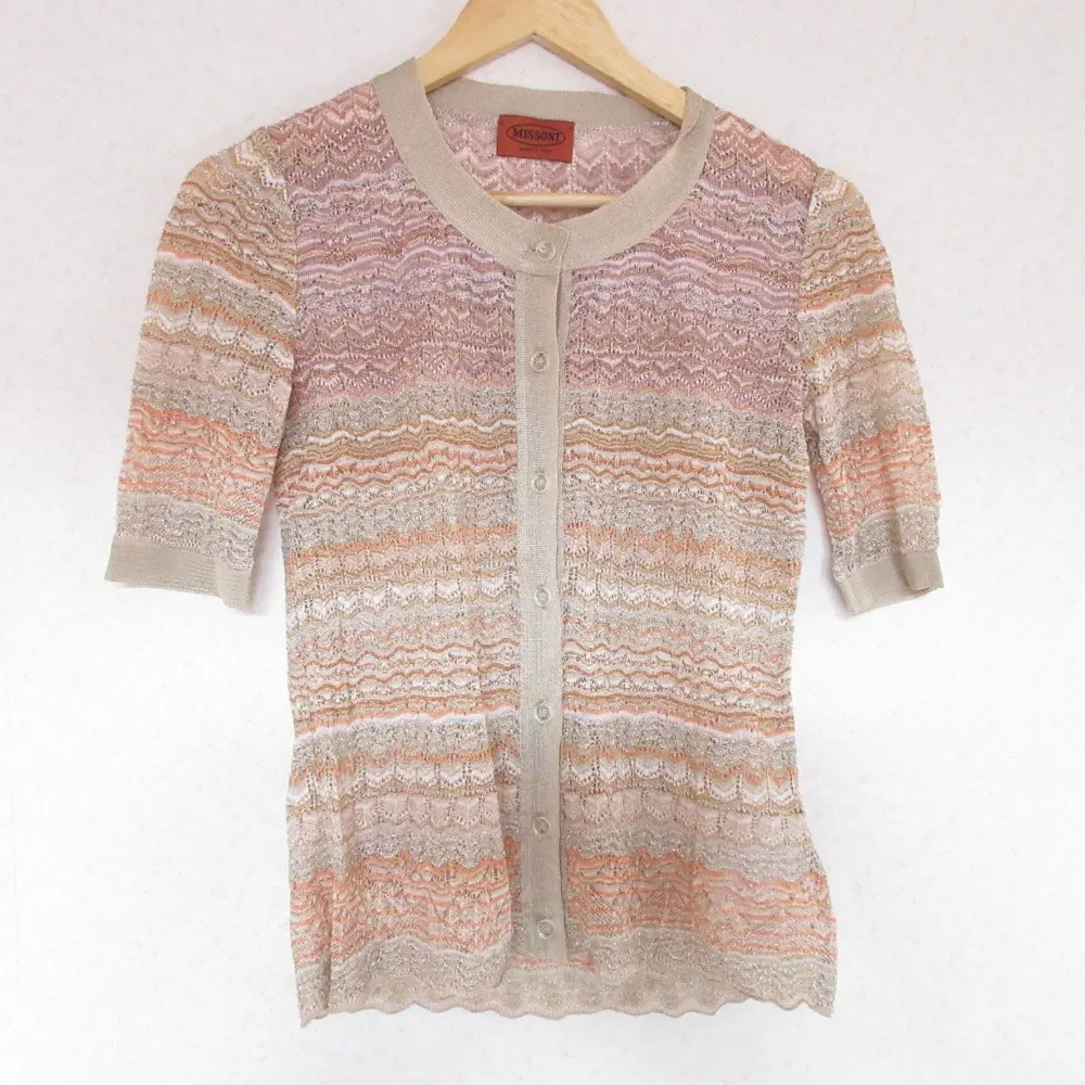 MISSONI ミッソーニ シェブロン ジグザグ クルーネック ショートスリーブ ニット カーディガン 38 ベージュ系