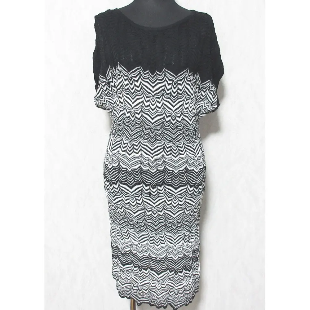 MISSONI ミッソーニ ショートスリーブ ひざ丈 タイト ニットドレス ワンピース 40 ブラック×ホワイト