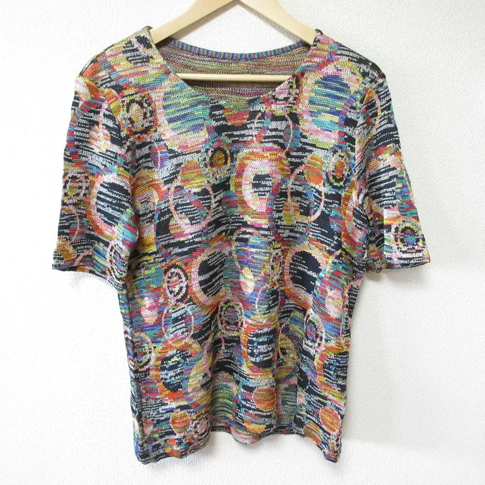 MISSONI ミッソーニ 幾何学柄 ショートスリーブ 半袖 ニット カットソー セーター 46 ブラック マルチカラー