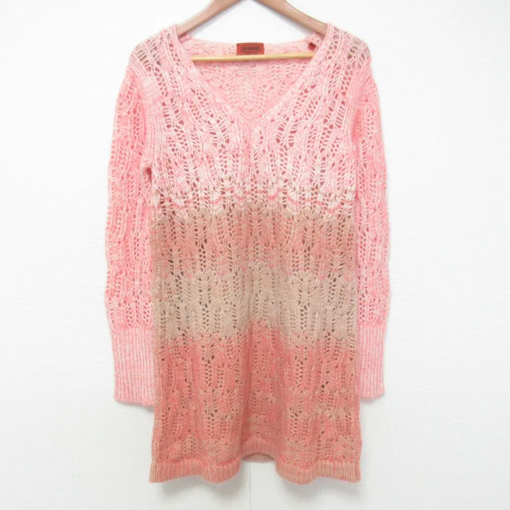 MISSONI ミッソーニ グラデーション Vネック かぎ編み ニット プルオーバー セーター チュニック サイズ40 ピンク系