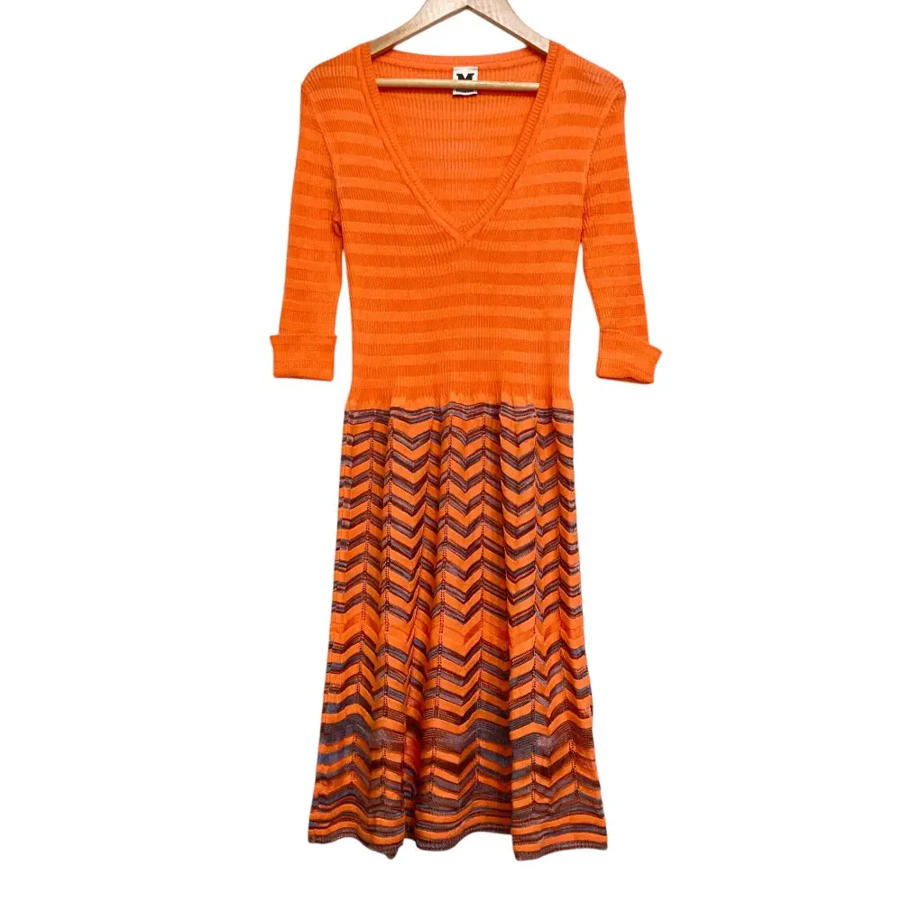 M MISSONI エムミッソーニ シェブロン ボーダー Vネック 五分袖  ひざ丈 ニットワンピース 40 オレンジ