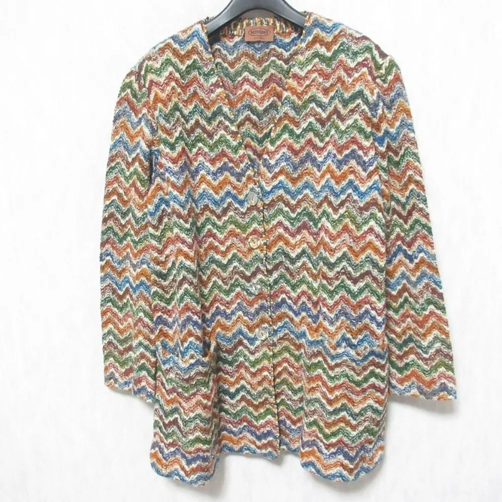 MISSONI ミッソーニ ヴィンテージ シェブロン ボーダー柄 ジグザグ ノーカラー ニットジャケット カーディガン 44 マルチカラー