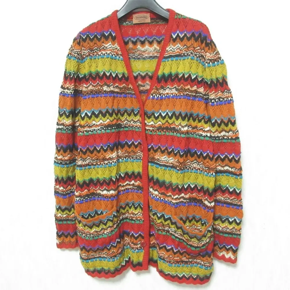 MISSONI ミッソーニ シェブロン ボーダー柄 ジグザグ モヘヤブレンド Vネック ニットカーディガン 46 レッド系 マルチカラー