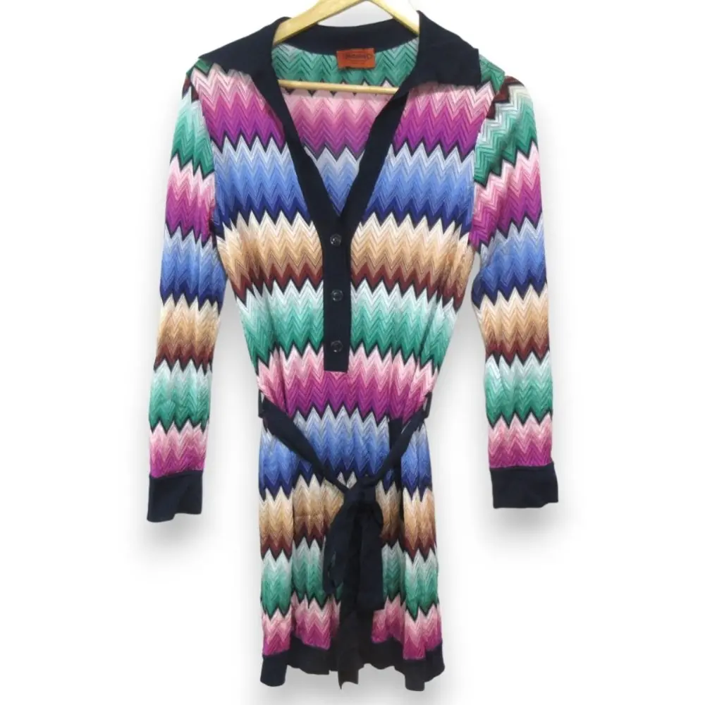 MISSONI ミッソーニ シェブロンストライプ Vネック 長袖 ひざ丈 ニットワンピース サイズ42 マルチカラー