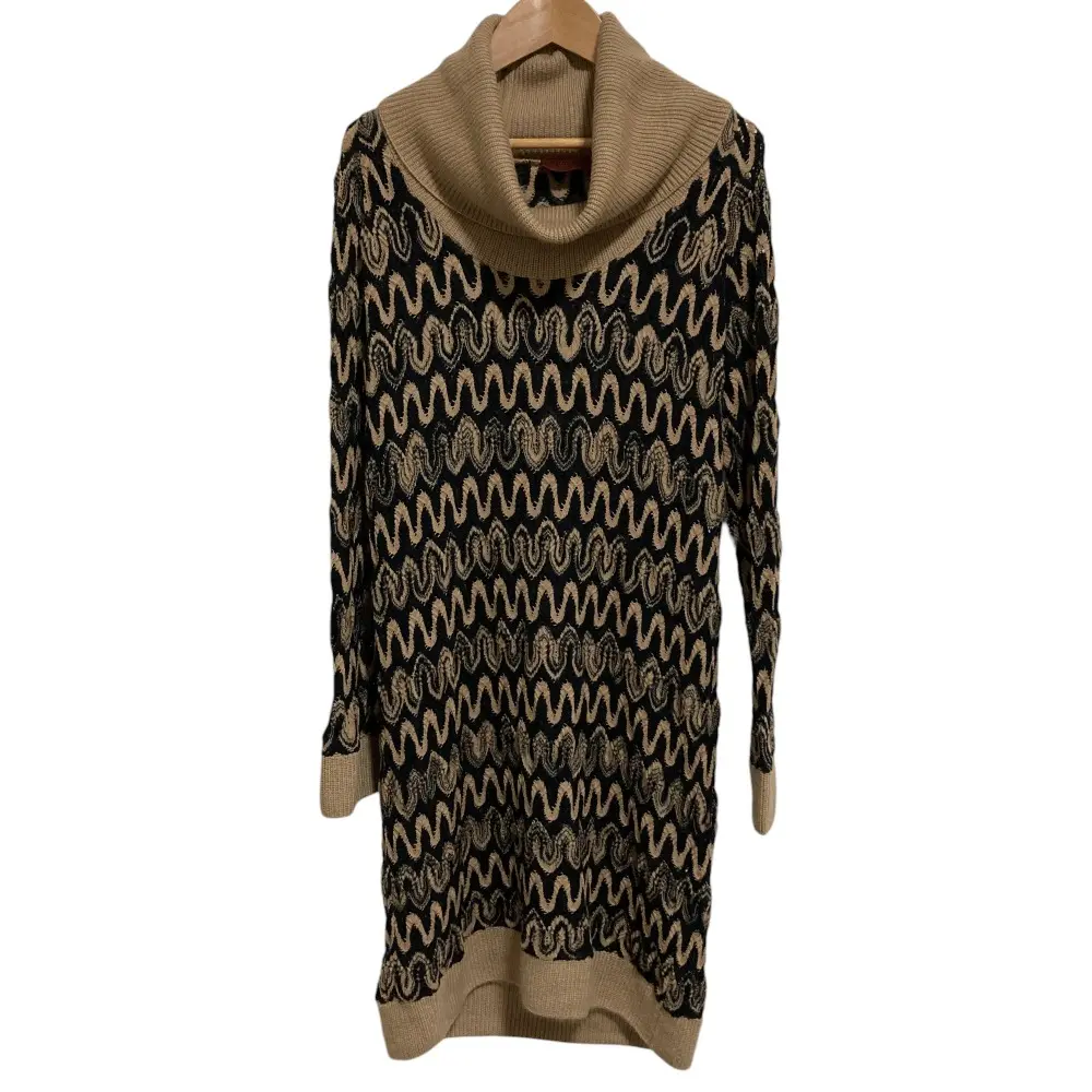 MISSONI ミッソーニ 総柄 オフタートル 長袖 ひざ丈 ニットワンピース ベージュ×ブラック