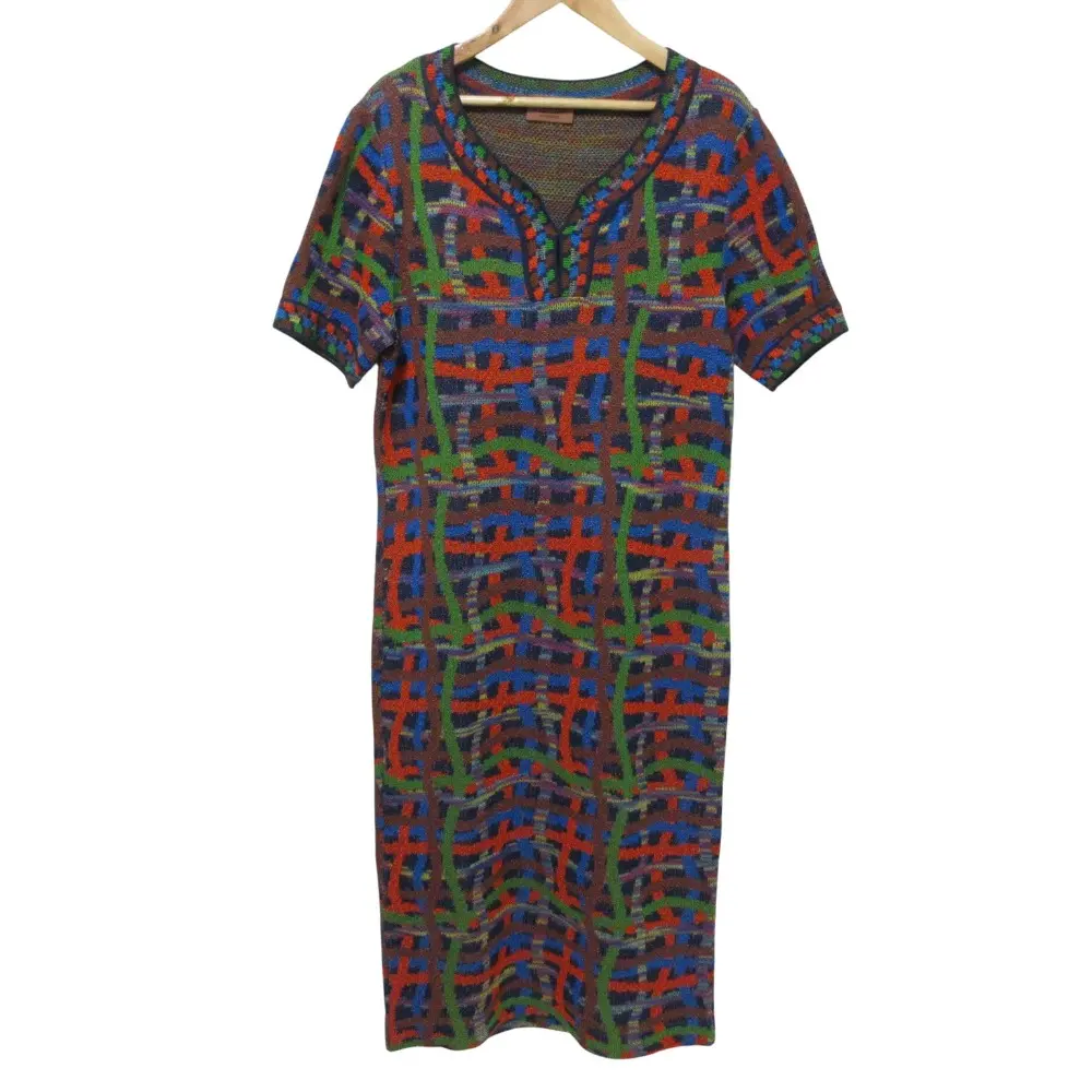 MISSONI ミッソーニ チェックジャガード 半袖 ロング ニットワンピース 44 マルチカラー