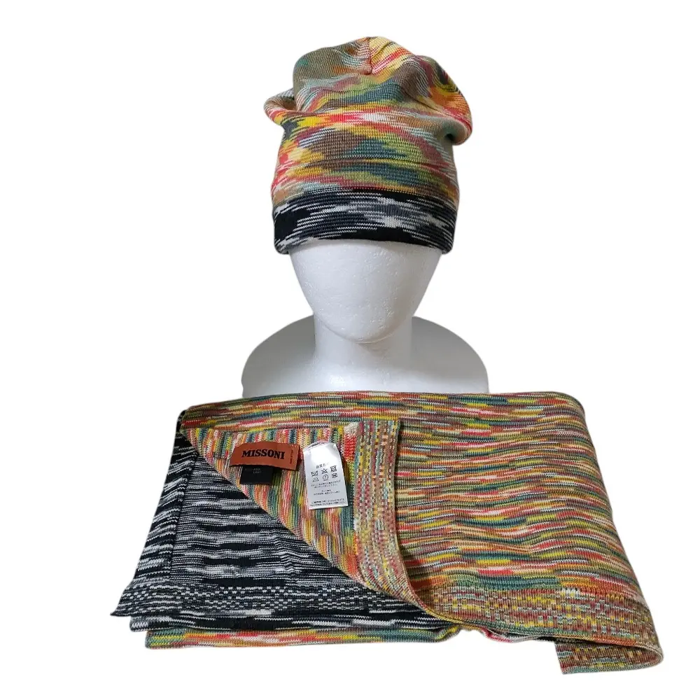 MISSONI ミッソーニ ウール100％ 総柄 ニットキャップ ビーニー マフラー 2点セット マルチカラー