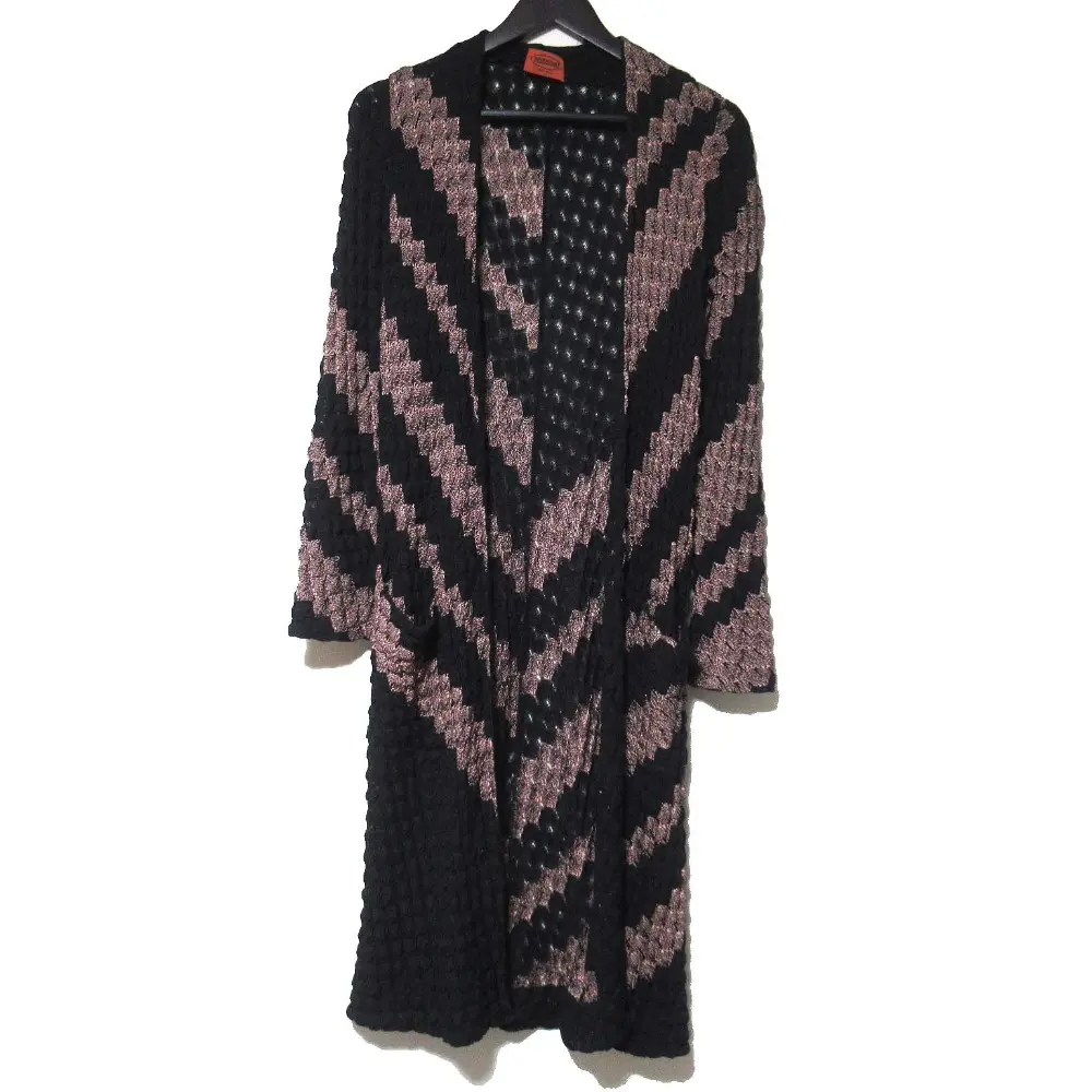 MISSONI ミッソーニ オープンフロント ロング ニットカーディガン サイズ40 ブラック×ピンクベージュ