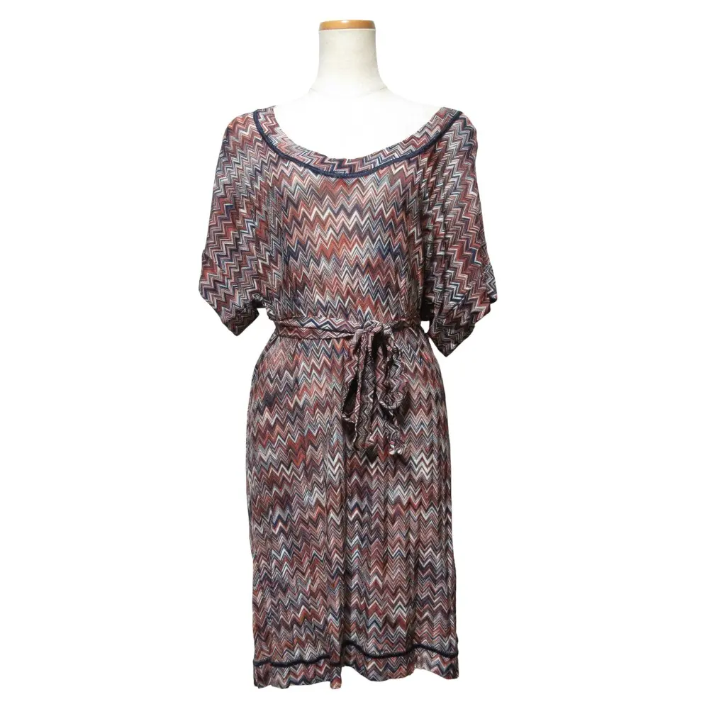 Missoni ミッソーニ シェブロン ボーダー ジグザグ 半袖 ひざ丈 ニット ワンピース 38 ブラウン系