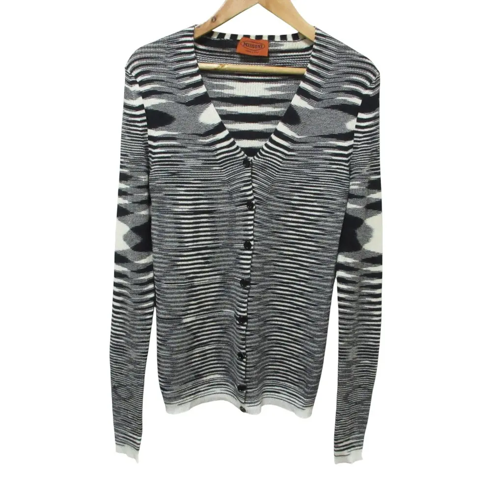 MISSONI ミッソーニ カシミヤシルク ボーダー柄 Vネック ニット カーディガン 42 ブラック ホワイト 