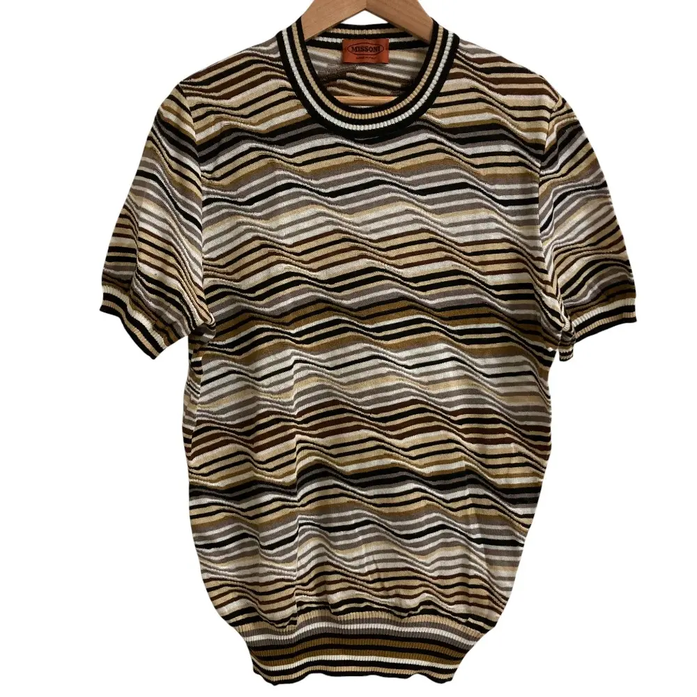 MISSONI ミッソーニ ショートスリーブ ウェーブ ボーダー ニットカットソー サイズ48 グレー ベージュ ブラウン ブラック