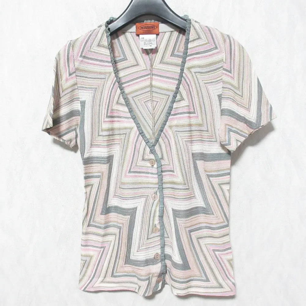 MISSONI ミッソーニ シェブロン ジグザグ ショートスリーブ ニットカーディガン 42 ピンク マルチカラー
