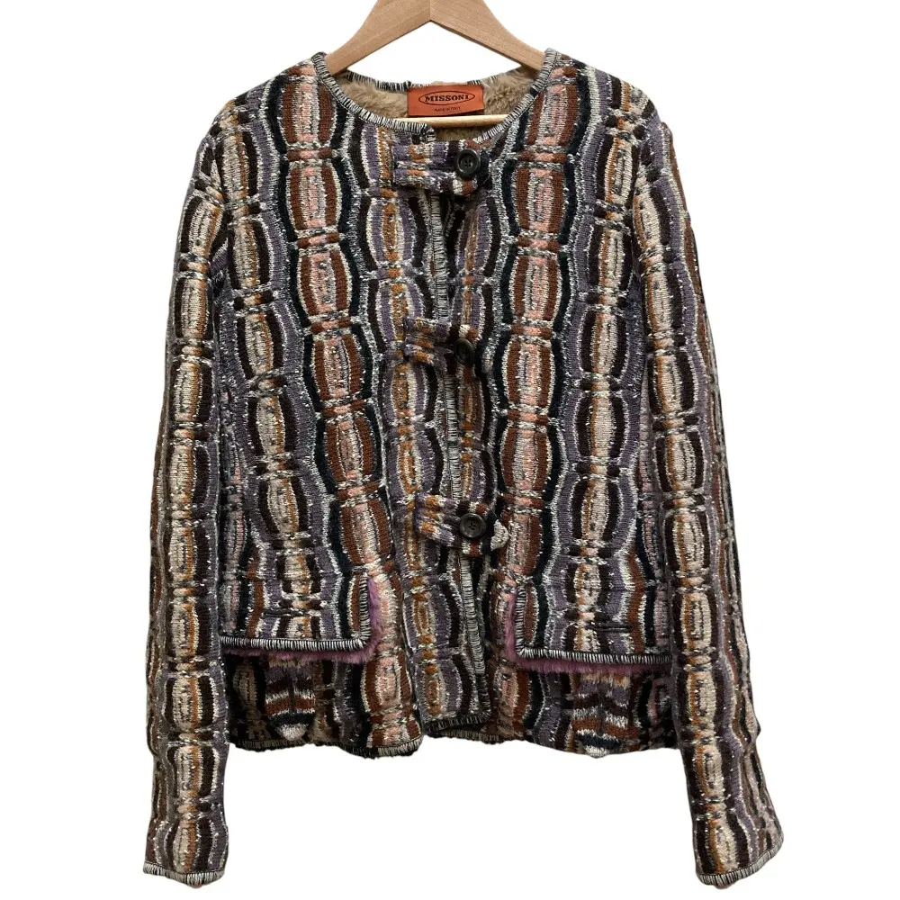 MISSONI ミッソーニ モヘアブレンド 裏地ラビットファー 肉厚ニット ノーカラージャケット SIZE44 マルチカラー