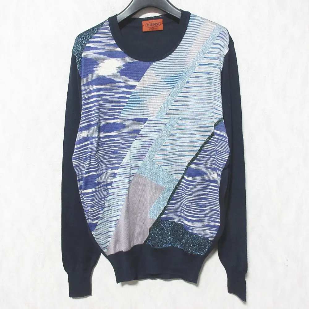 MISSONI ミッソーニ フロントパネル 切替 シルクニット プルオーバー セーター 48 ネイビー