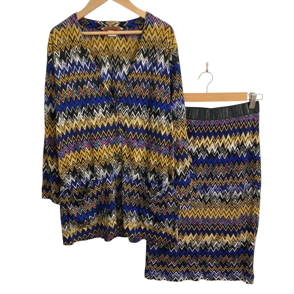 MISSONI ミッソーニ シェブロン ニットカーディガン スカート セットアップ サイズM/44 ブルー