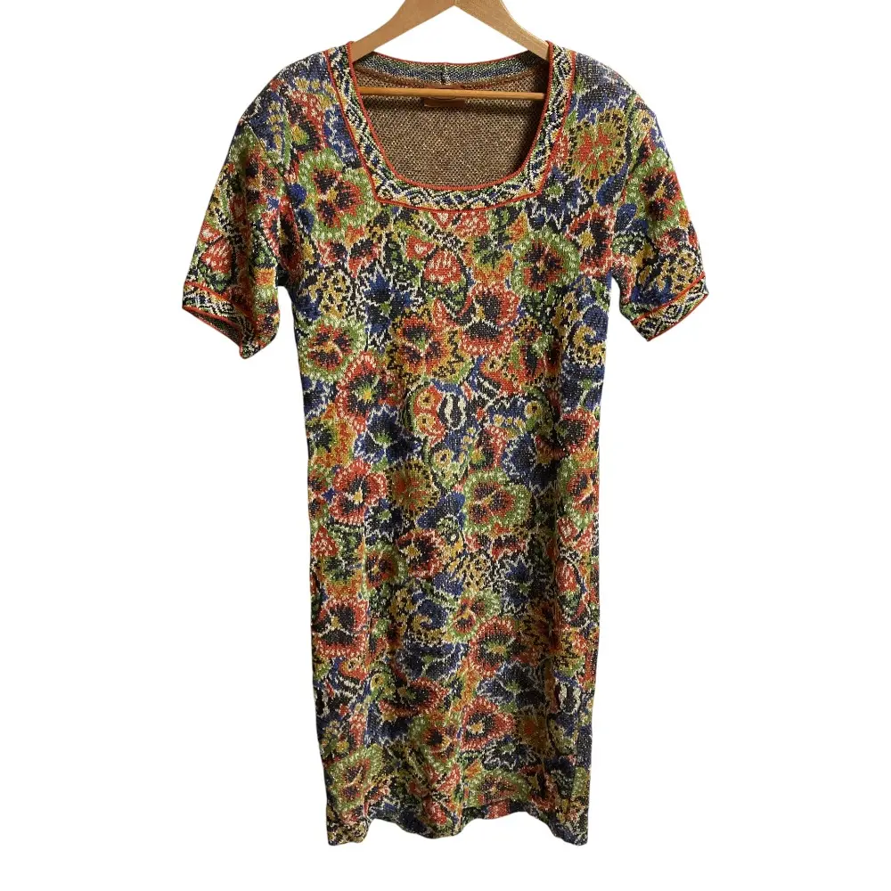MISSONI ミッソーニ スクエアネック フラワー ジャガード ショートスリーブ ニット ワンピース サイズ44 マルチカラー