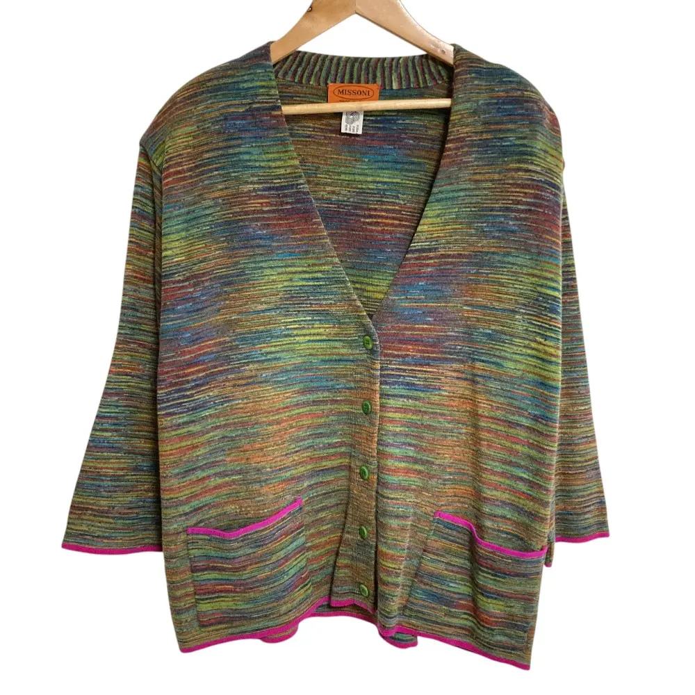 MISSONI ミッソーニ ボーダー Vネック ニットカーディガン 44 グリーン