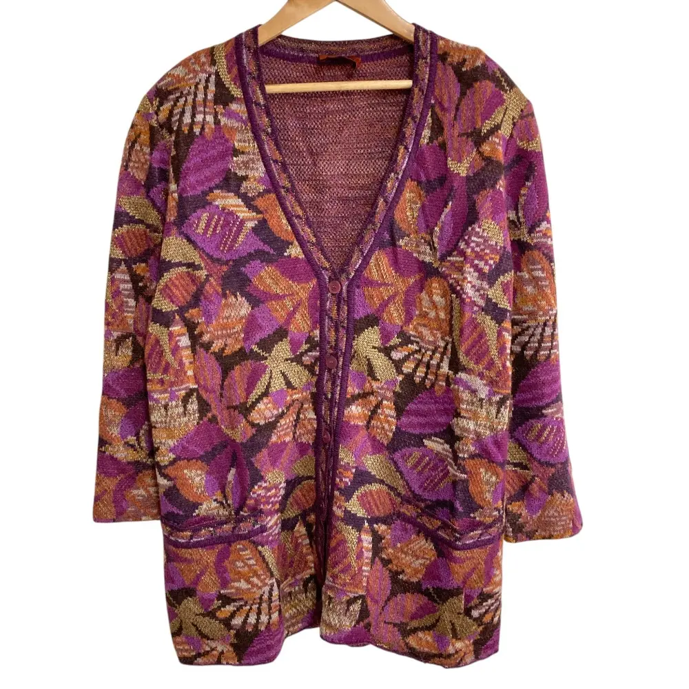 MISSONI ミッソーニ モヘヤブレンド リーフジャガード Vネック ニットカーディガン 46 パープル系