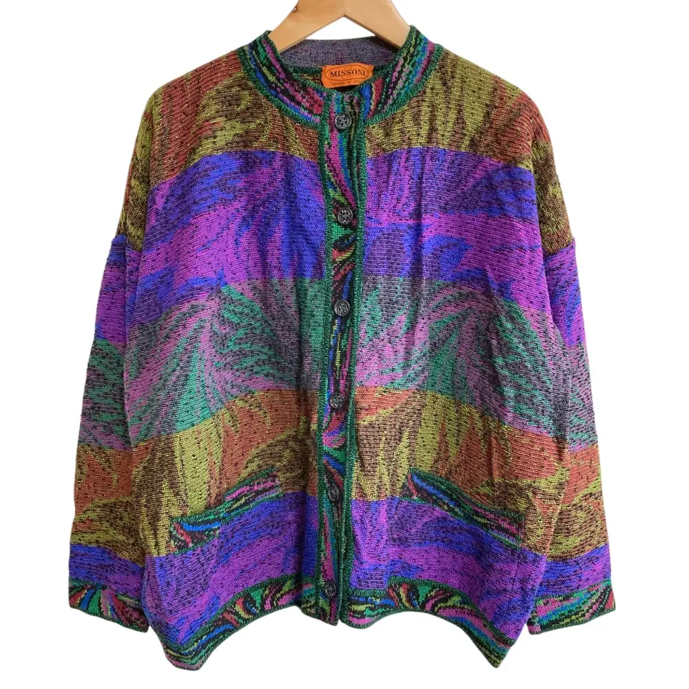 MISSONI ミッソーニ ハイネック ジャガード ニットカーディガン 42 パープル グリーン
