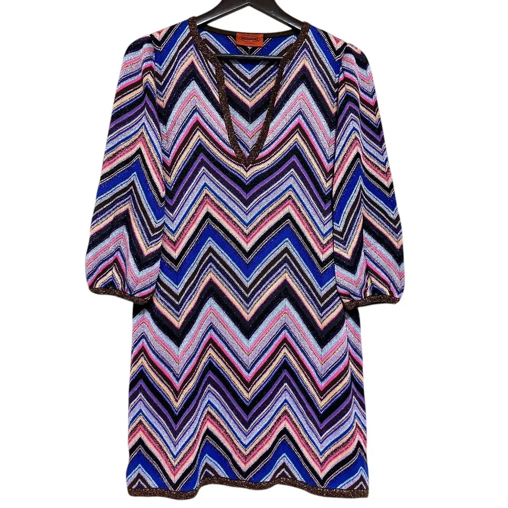 MISSONI ミッソーニ 七分袖 ミニ丈 Vネック ラメ糸 シルク シェブロンニット ワンピース サイズ40 マルチカラー