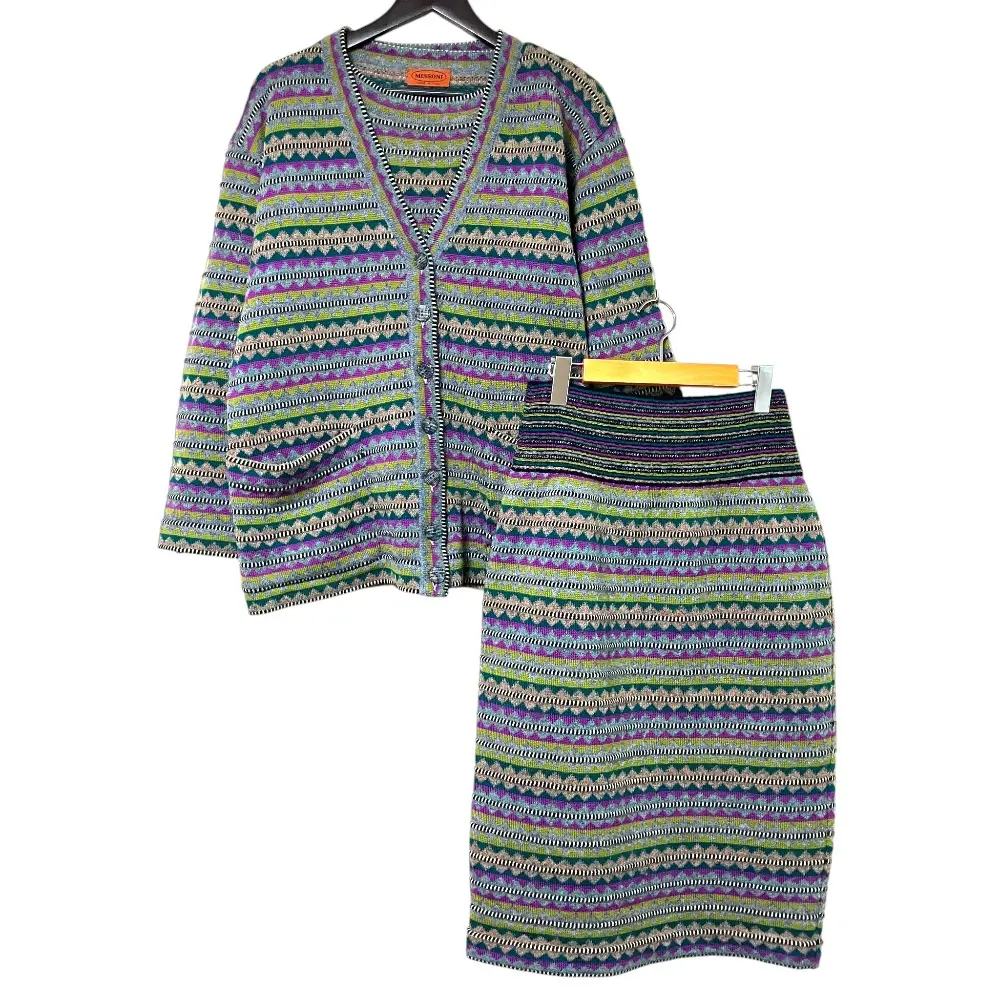 MISSONI ミッソーニ ヴィンテージ 3点セット 長袖ニット+カーディガン+タイトスカート セットアップ サイズ44/46 マルチカラー