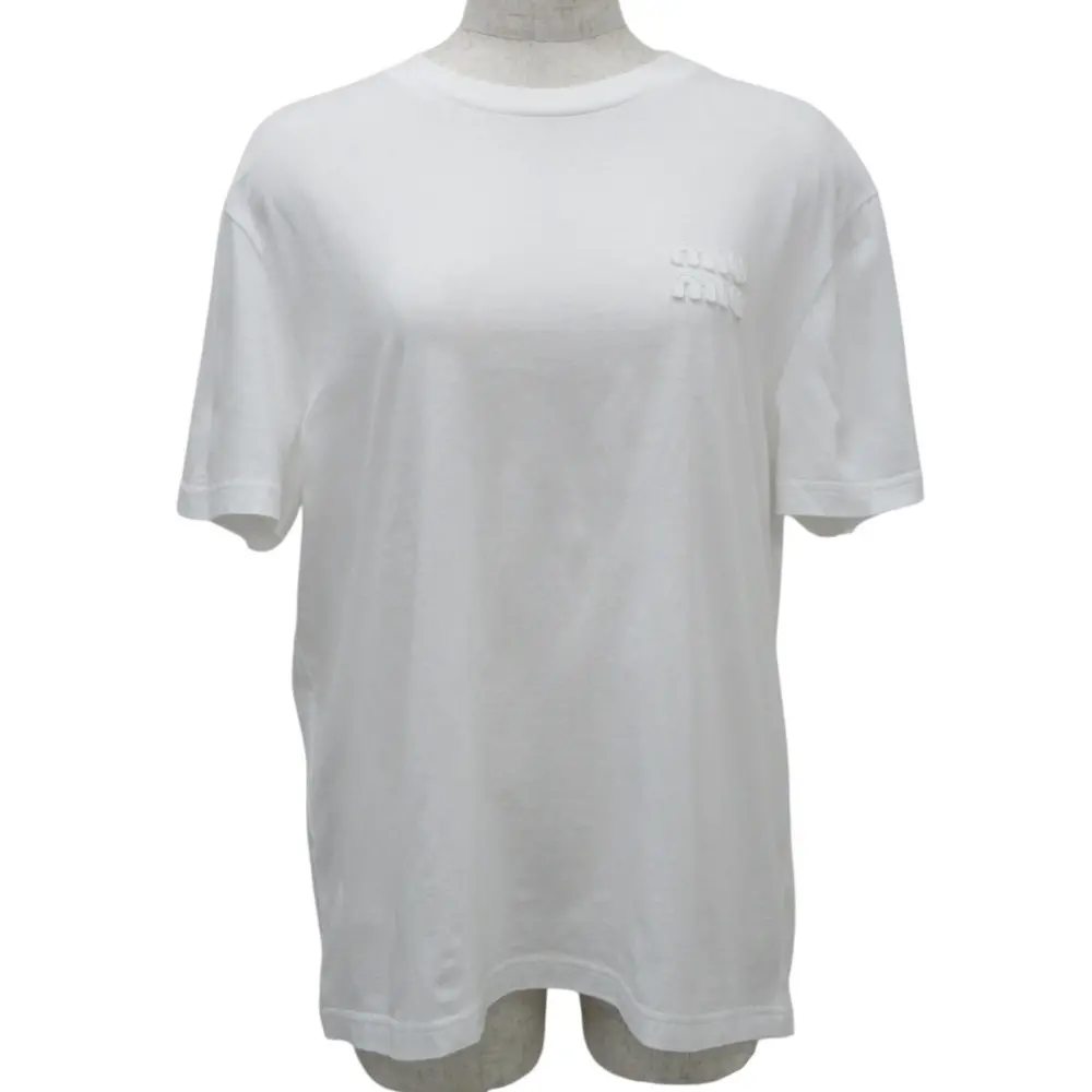 クリーニング済み 23SS miu miu ミュウミュウ ロゴ コットンジャージー 半袖 Tシャツ カットソー MJN500 サイズM ホワイト