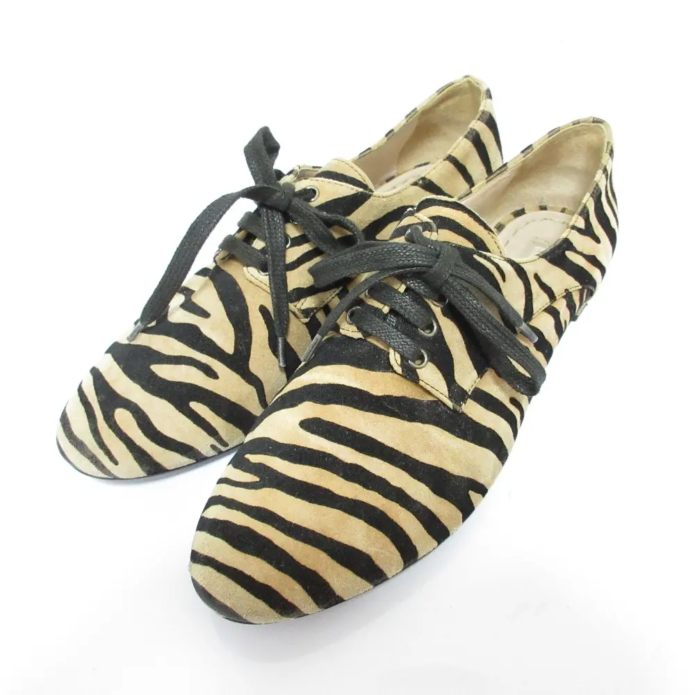 miumiu ミュウミュウ ゼブラ柄 スエード ポインテッドトゥ レースアップシューズ フラットシューズ 37 1/2 約24.5cm ベージュ