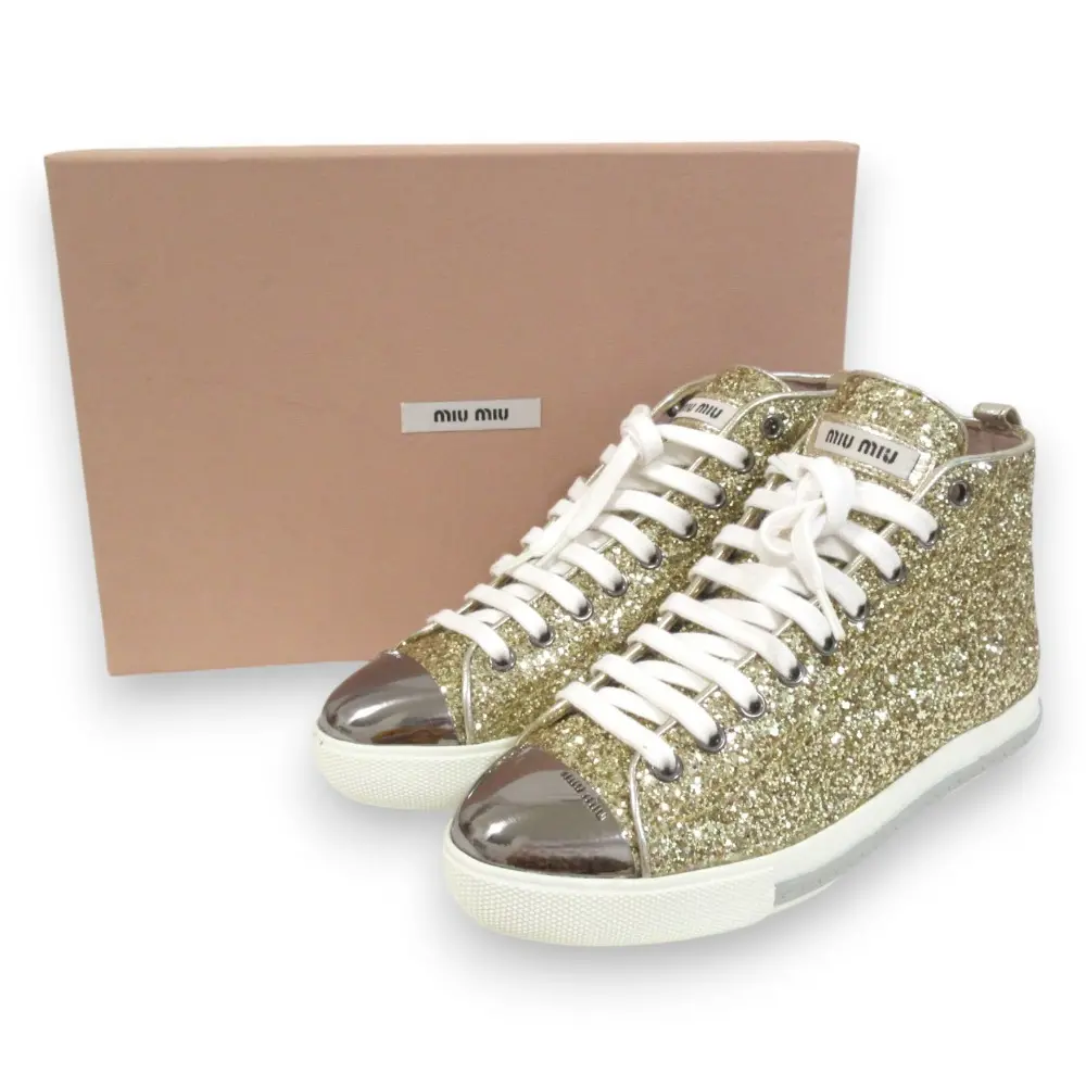 MIUMIU ミュウミュウ グリッター ミッドカット スニーカー 35.5 約22.5cm ゴールド×シルバー×ホワイト