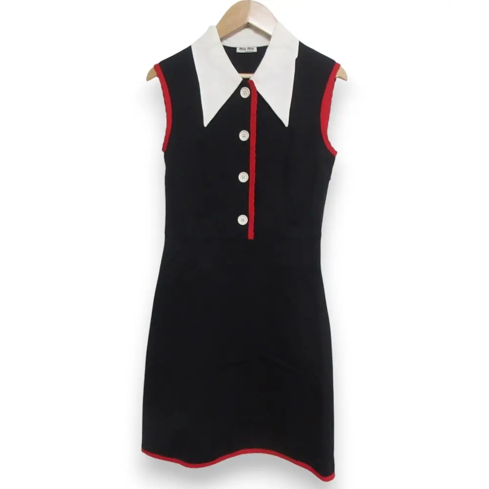 MIUMIU ミュウミュウ ストレッチ レーストリム ノースリーブ ひざ丈 ワンピース MJA758 XS ネイビー