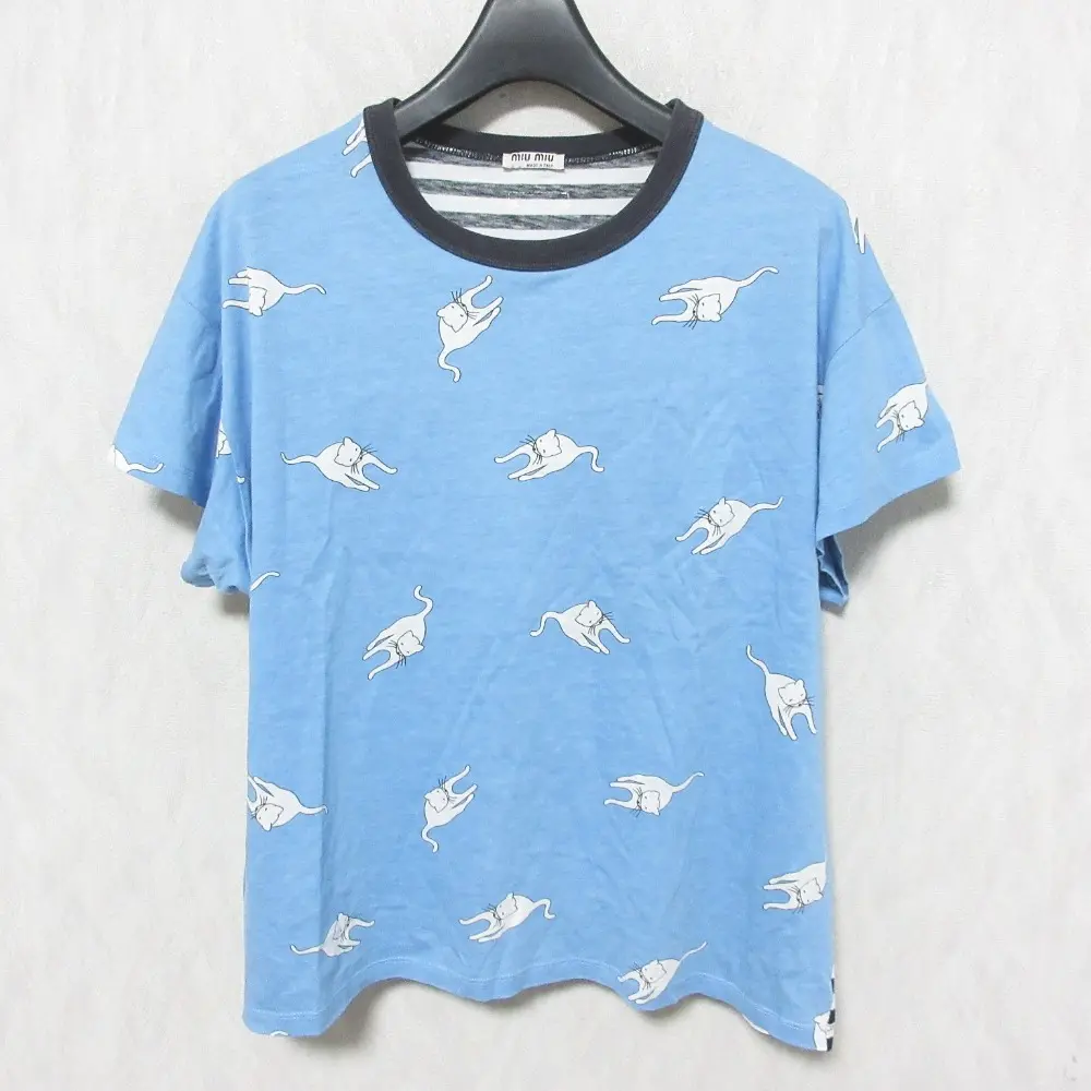 miu miu ミュウミュウ バックボーダー ネコ 猫 キャットプリント 切替 クルーネック 半袖 カットソー Tシャツ S ブルー系