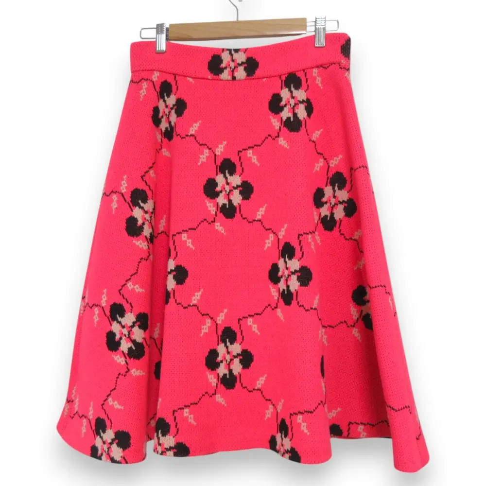 MIUMIU ミュウミュウ ウールブレンド フラワー柄 ジャガードニット ミモレ丈 フレアスカート 42 ピンク×ブラック