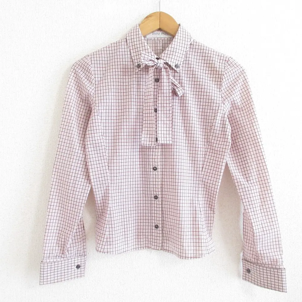 miumiu ミュウミュウ ヴィンテージ チェック柄 長袖 ボウタイ ボタンダウン BDシャツ ブラウス 40 マルチカラー