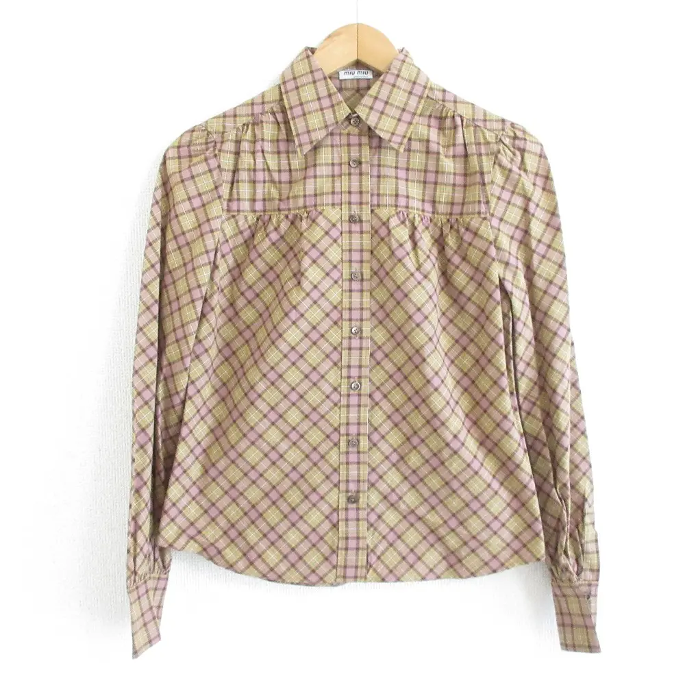 miumiu ミュウミュウ ヴィンテージ チェック柄 ギャザー 長袖 ロングスリーブ シャツ ブラウス 38 ブラウン系 マルチカラー