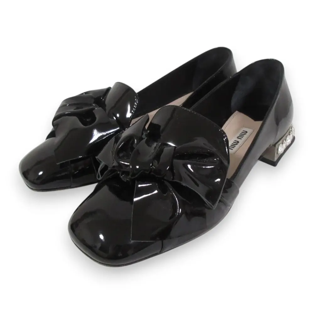 MIUMIU ミュウミュウ パテントレザー リボン ビジューヒール スクエアトゥ パンプス 35 約22cm ブラック