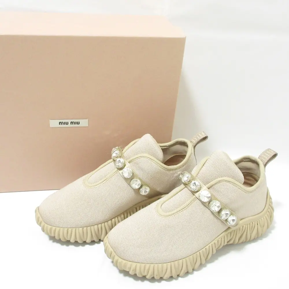 MIU MIU ミュウミュウ マテラッセソール クリスタルビジュー スニーカー スリッポン 5S376D 35 約22cm ベージュ