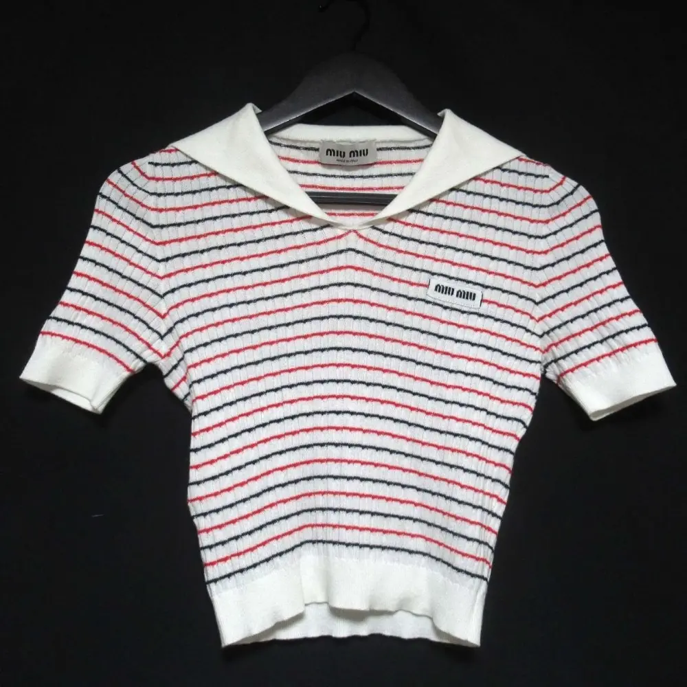 miumiu ミュウミュウ 2022年モデル マリンボーダー セーラーカラー 半袖 クロップド ニットカットソー セーター マルチカラー
