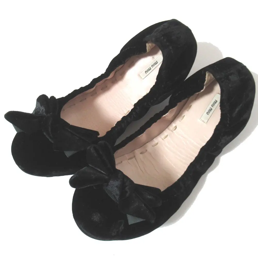 miumiu ミュウミュウ ベロア リボン バレエシューズ フラットシューズ パンプス 36サイズ 23cm相当 ブラック